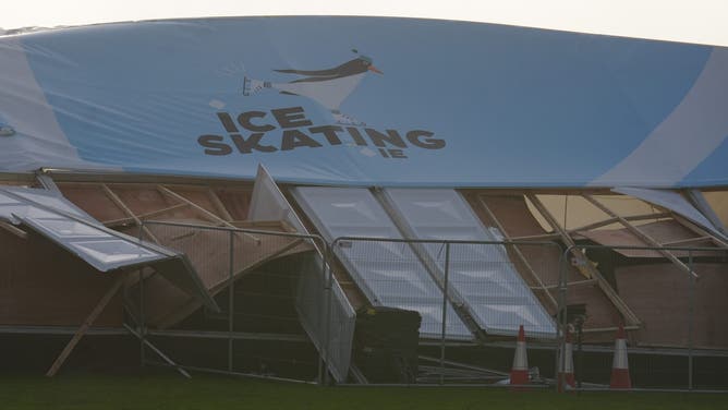An ice skating facility in Blanchardstown has been destroyed after strong winds tore the structure apart. Residents across Ireland have been urged to stay at home as the entire island braces for the arrival of Storm Eowyn. The top-level red warning for wind is in place in both Northern Ireland and the Republic of Ireland. Picture date: Friday January 24, 2025.