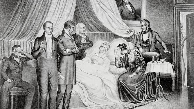 William H. Harrison on His Death Bed with Visitors