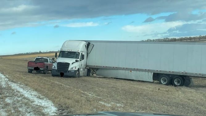 A semi-truck that had been blown off the interstate near Sisseton, South Dakota. Jan. 17, 2025.