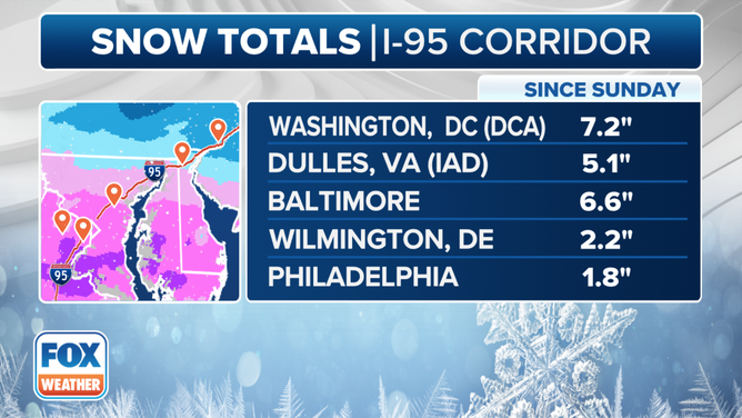 This graphic shows some of the biggest snow totals along the Interstate 95 corridor.