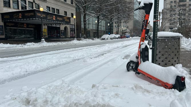 Snow on the ground at Freedom Plaza in Washington, D.C. on Monday, Jan. 6, 2024.