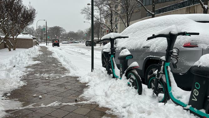 Snow on the ground at Freedom Plaza in Washington, D.C. on Monday, Jan. 6, 2024.