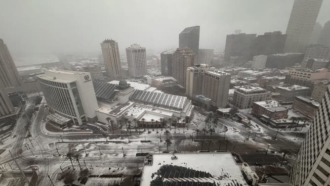 Snow blankets Canal Street and the Central Business District in New Orleans on Jan. 21, 2025 during a major winter storm.