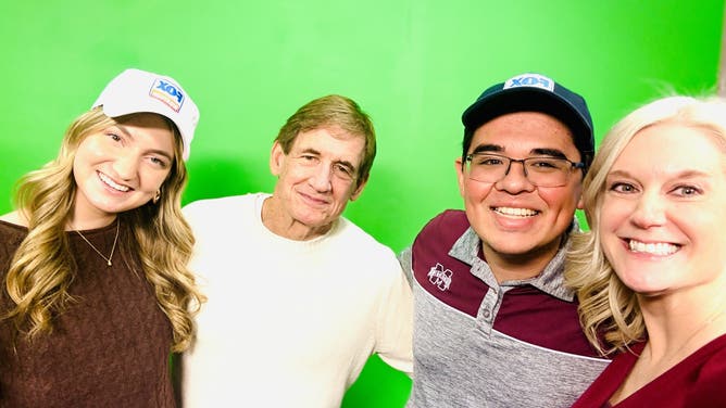 FOX Weather hurricane specialist Bryan Norcross alongside FOX Weather MSU Scholarship Recipients Sadie Morris and Mark Kimoto and MSU Director of Development Sara Frederic