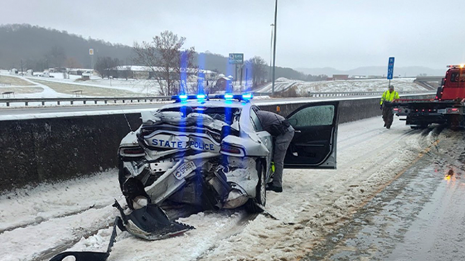 This image shows a Kentucky State Police vehicle that was hit on Interstate 65 in Warren County on Sunday.