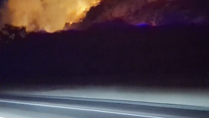 This image shows flames from the Lilac Fire in Southern California.