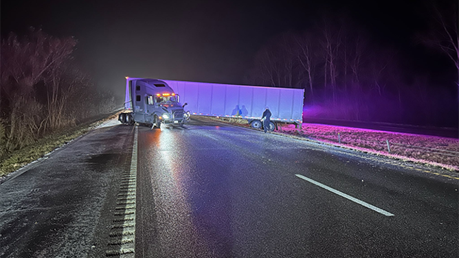 This image shows a tractor trailer that crashed during a winter storm in Missouri on Saturday, Jan. 4, 2024.