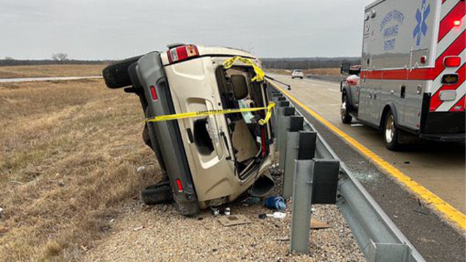 This image shows a vehicle that crashed during a winter storm in Missouri on Saturday, Jan. 4, 2024.