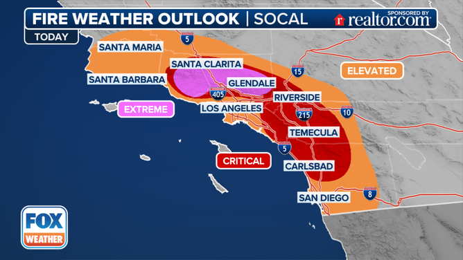 This graphic shows the fire threat in Southern California on Monday, Jan. 13, 2025.