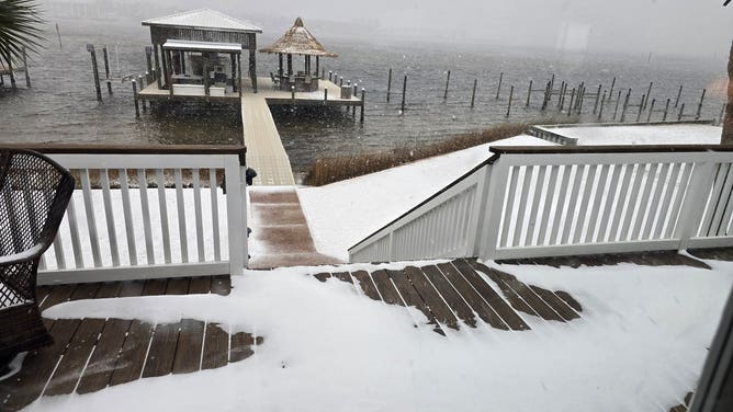 Snow along Orange Beach, Alabama on Jan. 21, 2025. 