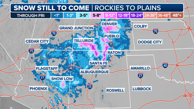 This graphic shows the forecast snow totals in the Southwest, Rockies and Plains.