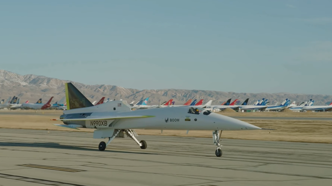 Boom Supersonic's XB-1 piloted by Tristan Brandenburg on the runway ahead of its first attempted supersonic flight.