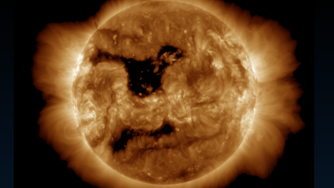 Two coronal holes on the Sun in the northern and southern hemisphere of the Sun seen on Jan. 28, 2025.