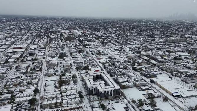 Drone video captured snow covering Houston, Texas.