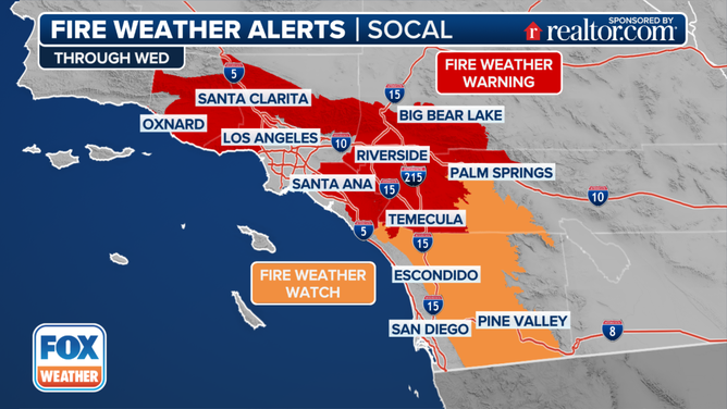 This graphic shows the Fire Weather Watches and Warnings in Southern California.