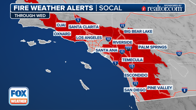 This graphic shows Fire Weather Warnings in effect in Southern California.