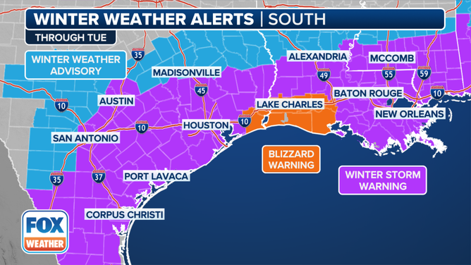 This graphic shows active winter weather alerts, including a Blizzard Warning, on Tuesday, Jan. 21, 2025.