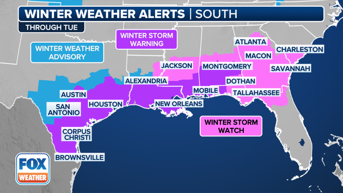 This graphic shows winter weather alerts in effect across the South.