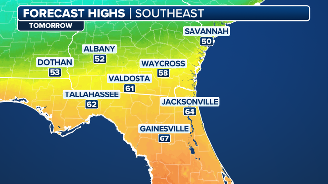 This graphic shows the forecast high temperatures on Friday, Jan. 10, 2025.