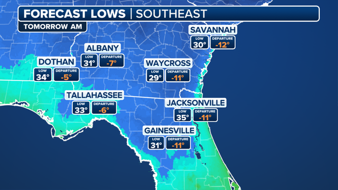 This graphic shows the forecast low temperatures on Friday, Jan. 10, 2025.