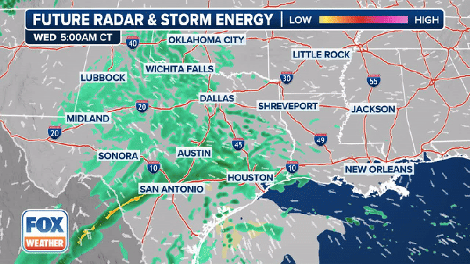 The exclusive FOX Weather Futuretrack shows severe weather moving across the South starting on Wednesday.
