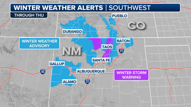 This graphic shows the active winter weather alerts in New Mexico and Colorado.