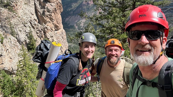 On the way up to the cave, the Utah Field House of Natural History’s (L to R) Ida Dirkes, Tyson Ferriera, and John Foster stop for a break.