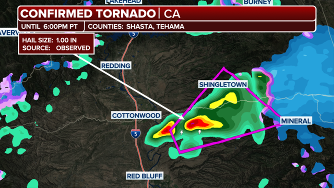 Radar detection of a tornado in Northern California on Friday, January 3, 2025.