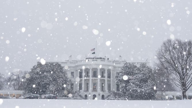 2024 年 1 月 6 日、ワシントン DC のホワイトハウスの外で雪が降る。