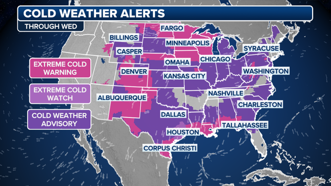 This graphic shows cold weather alerts in effect through Wednesday.