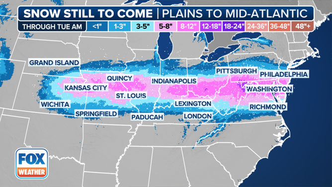 This graphic shows the forecast snow totals through Tuesday, Jan. 7, 2024.