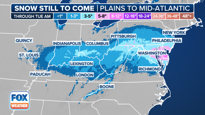 This graphic shows the forecast snow totals.