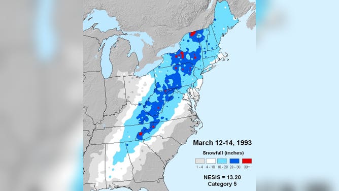 Snowfall map accumulation from March 1993