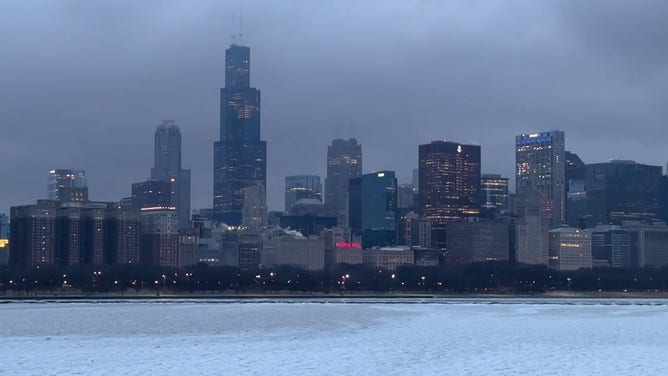 This photo shows Chicago skyline in front of a strong winter storm on Wednesday, February 12, 2025.