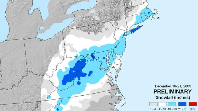 Snowfall map accumulation from December 2009