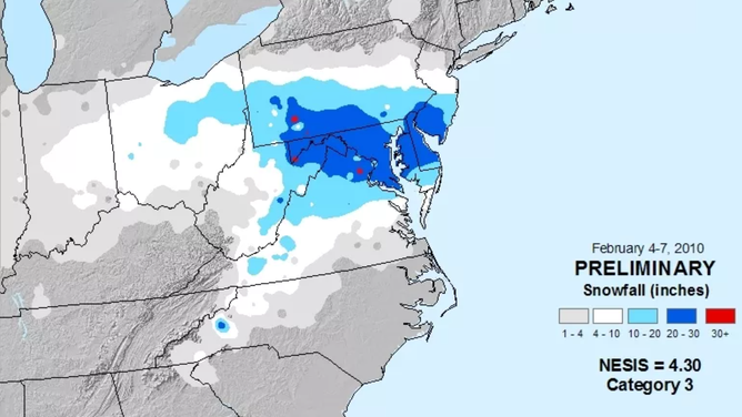 Snowfall map accumulation from February 2010