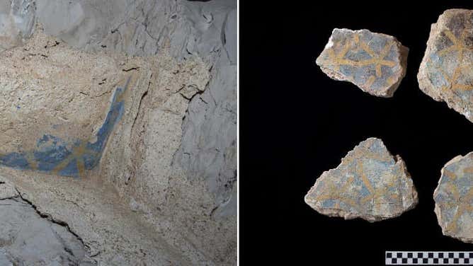 Remnants of plaster found in the tomb feature blue inscriptions and yellow star motifs, the ministry said.