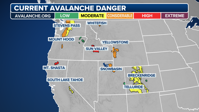 This graphic shows the avalanche danger in the West.