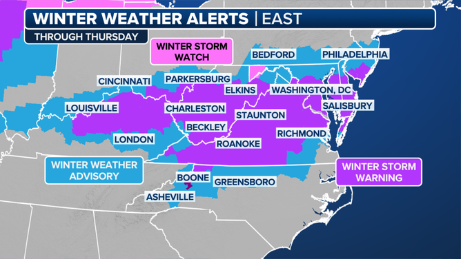 This graphic shows winter weather alerts in effect in the Ohio Valley and mid-Atlantic.