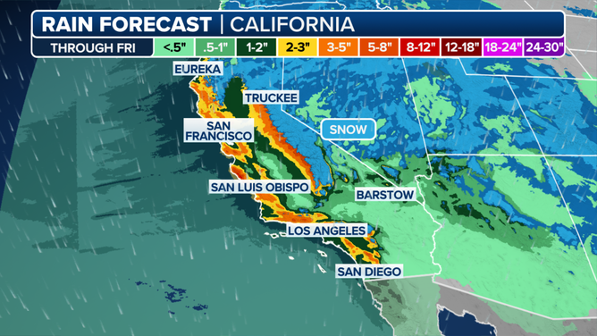 This graphic shows the forecast rain totals in California.