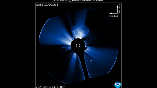 A GOES-19 Compact Coronagraph-1 (CCOR-1) image taken on Feb. 6, 2025.