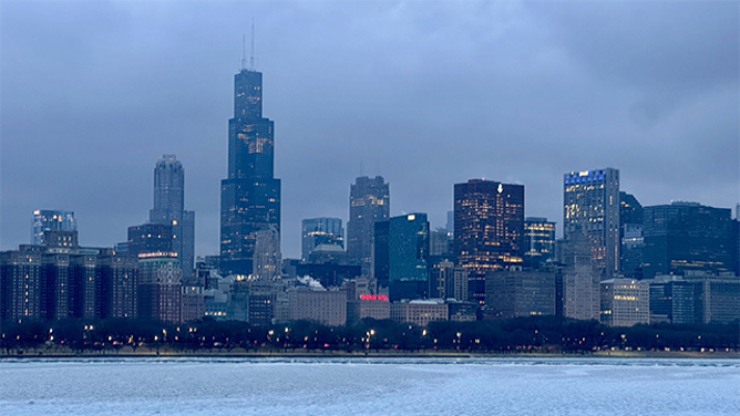 This photo shows Chicago skyline in front of a winter storm on Wednesday, February 12, 2025.