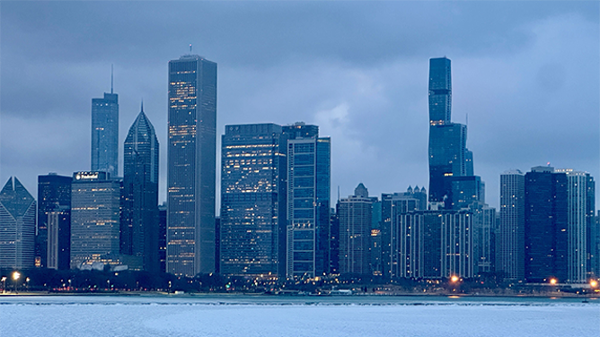 This photo shows Chicago skyline in front of a winter storm on Wednesday, February 12, 2025.