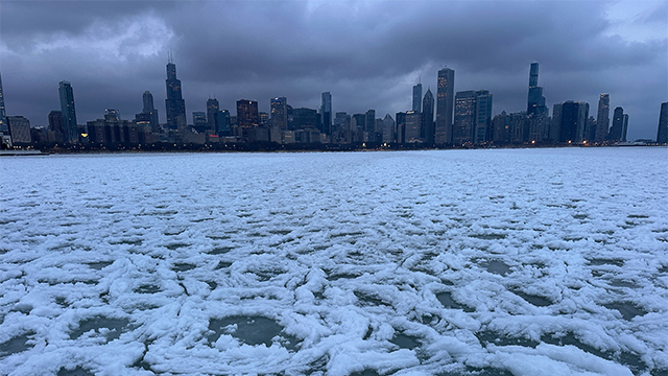 This photo shows Chicago skyline in front of a winter storm on Wednesday, February 12, 2025.