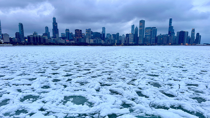 This photo shows Chicago skyline in front of a winter storm on Wednesday, February 12, 2025.