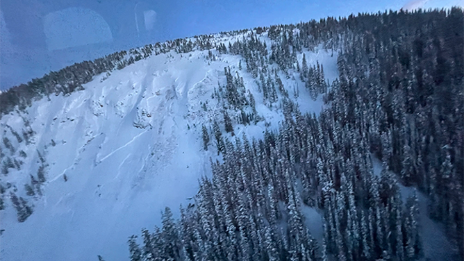 This photo of The Fingers avalanche path on Mines Peak, east of Berthoud Pass where a snowboarder was caught, buried and killed on Feb. 22, 2025.