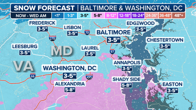 Potential snow totals for the DC-Baltimore region through Wednesday.