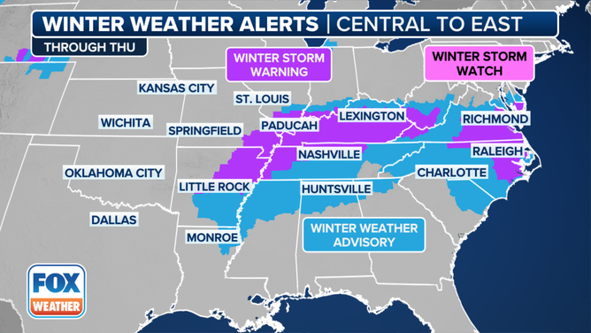 This graphic shows winter weather alerts in the U.S.