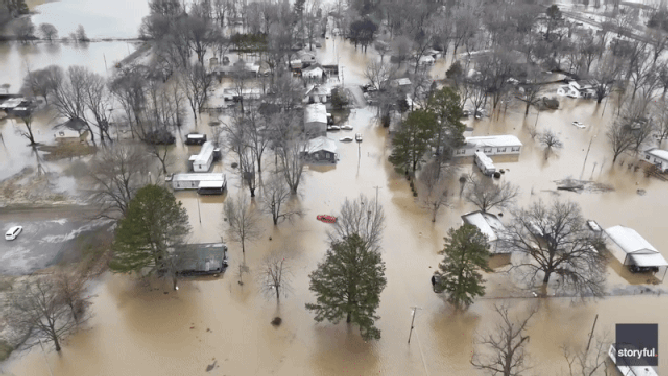 This image comes from drove cideo showing the scope of flooding after a levee failed in Tennessee on Sunday, Feb. 16, 2025.