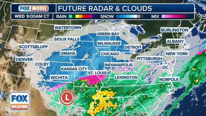 This image from the exclusive FOX Model Futuretrack shows a powerful winter storm sweeping across the U.S. from the Plains and Midwest through the Great Lakes region, Northeast and New England starting on Wednesday.